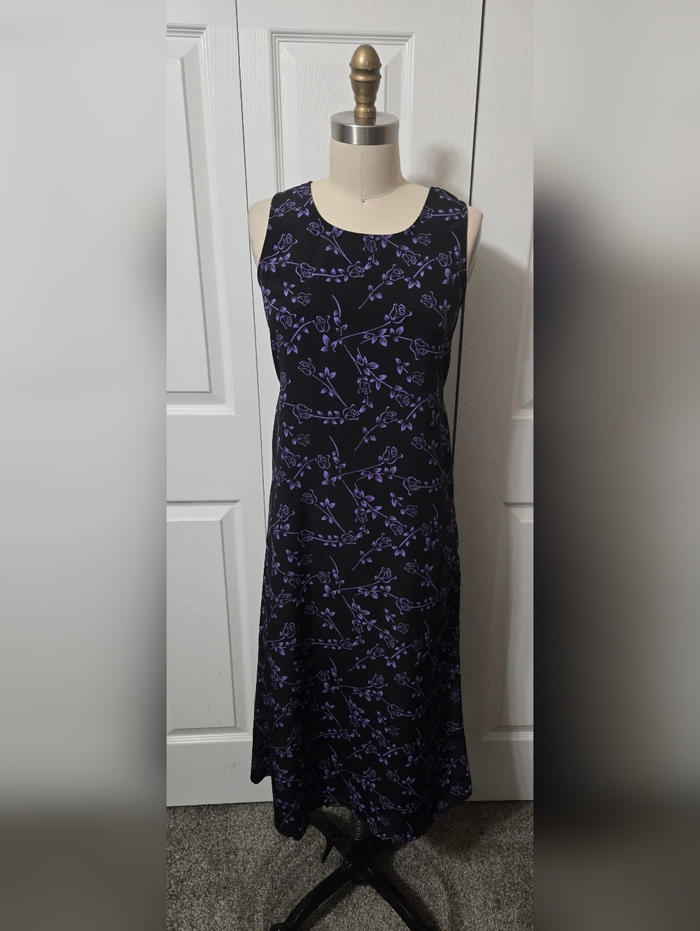 Black & Purple Floral Belted Sleeveless Maxi Dress, Size Small, Excellent Cond